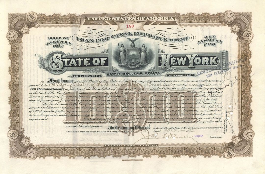 State of New York Issued to Louis Comfort Tiffany not signed - 1914 dated $10,000 Bond