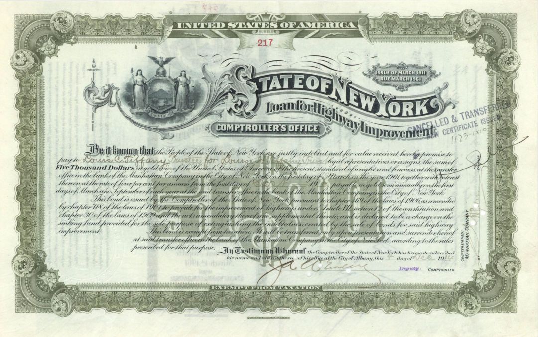 State of New York Issued to Louis Comfort Tiffany not signed - 1914 dated $5,000 Bond