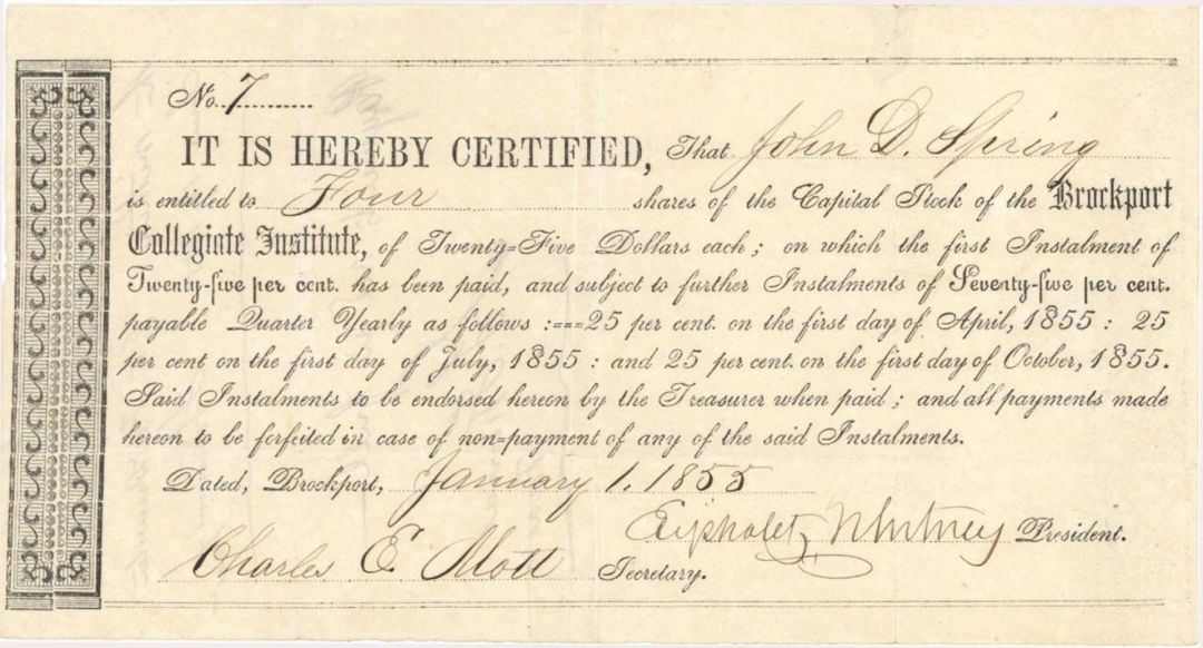 Brockport Collegiate Institute signed by Eliphalet Whitney - 1855 dated Autographed Stock Certificate