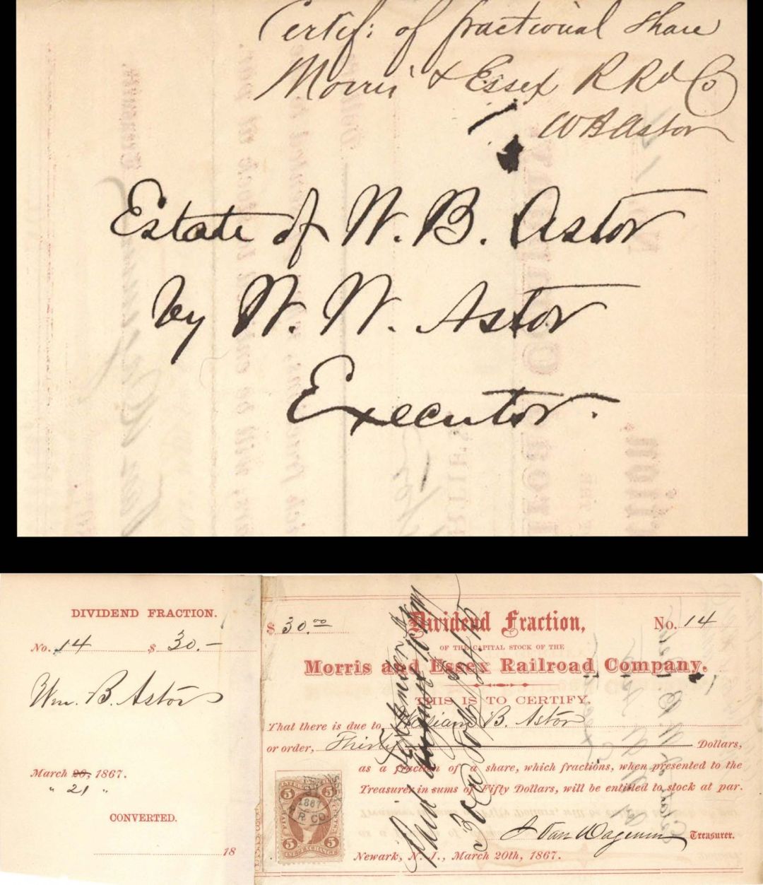 Morris and Essex Railroad Co. signed by William Waldorf Astor - 1867 dated Autographed Stock Certificate