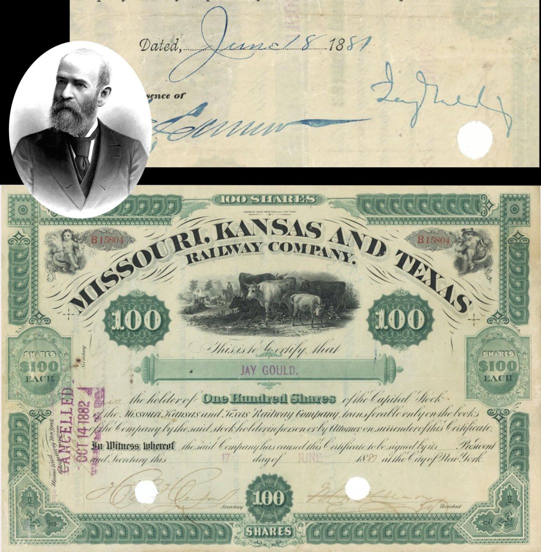 Missouri, Kansas and Texas Railway Co. - Issued to and Signed by Jay Gould dated 1887 - The Katy