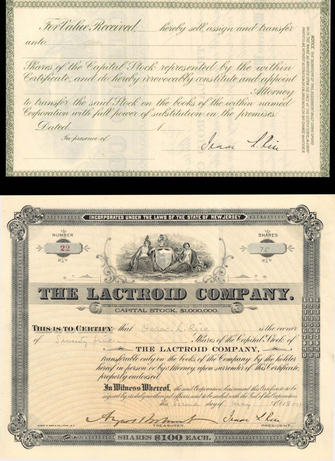 Lactroid Co. signed by August Belmont, Jr. and Isaac L. Rice - 1900 dated Autogrpahed Stock Certificate