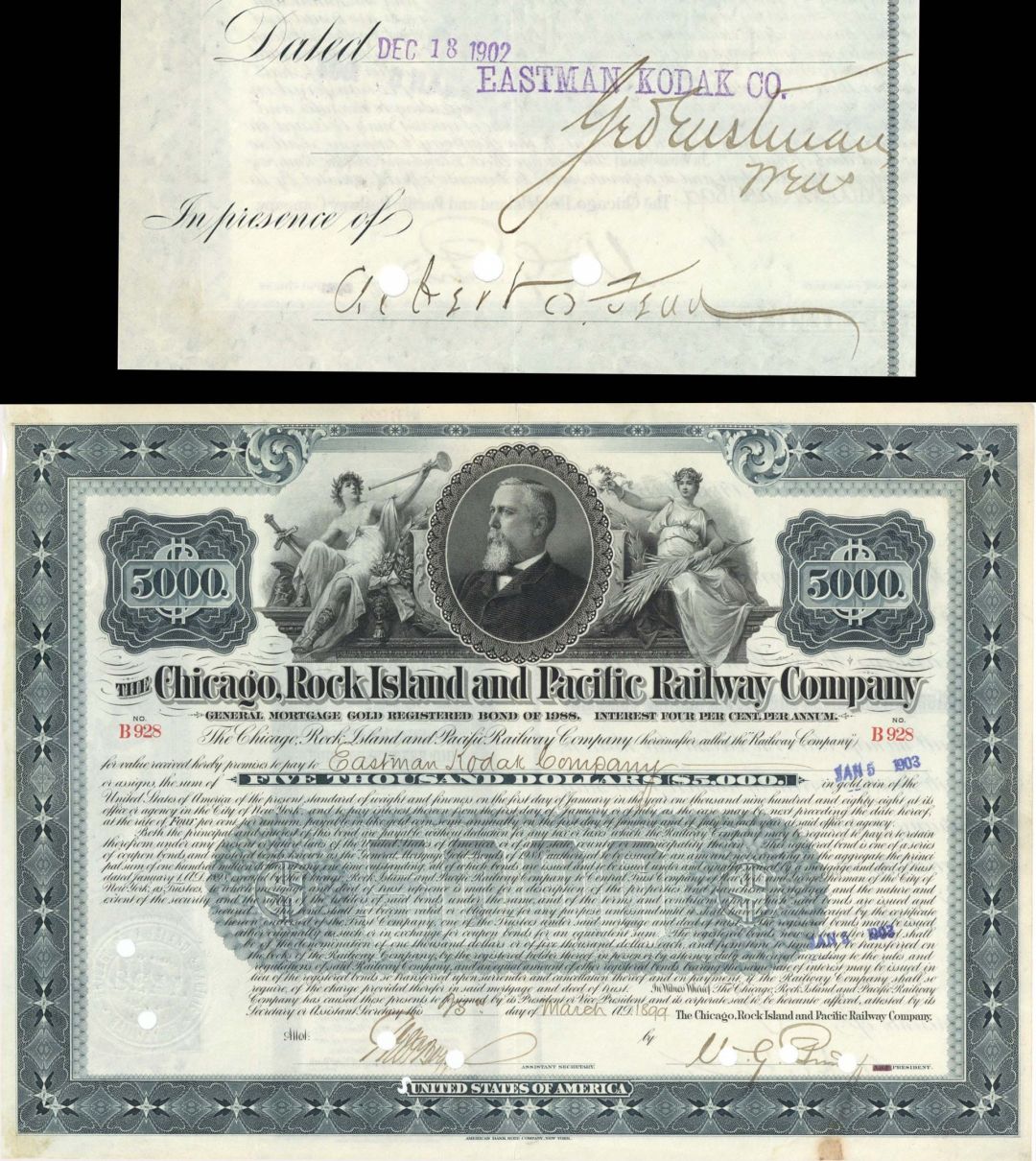 Chicago, Rock Island and Pacific Railway Signed by Geo Eastman - 1899 dated $5,000 Bond
