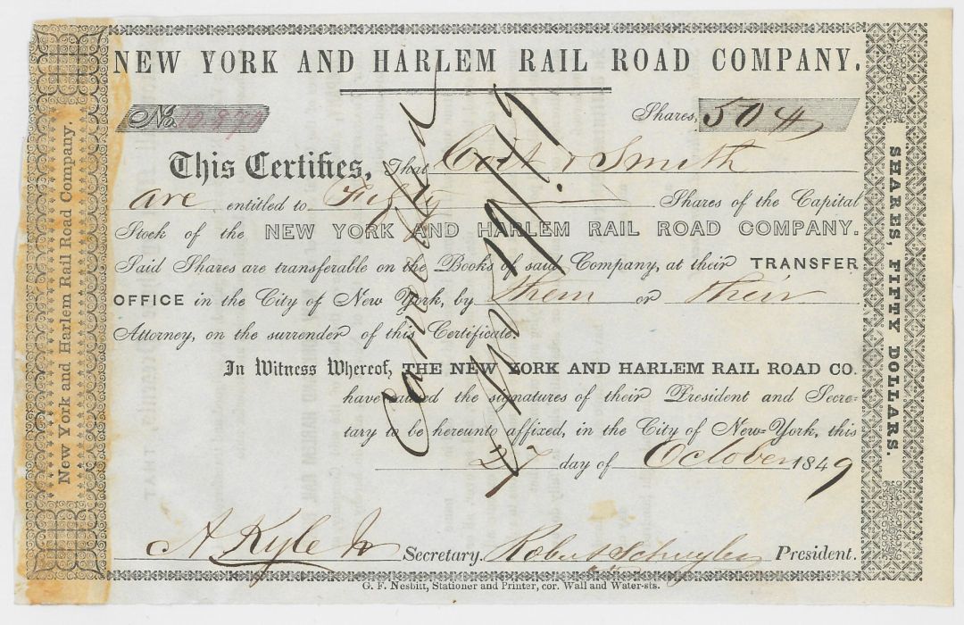 New York and Harlem Rail Road Co. signed by Robert Schuyler - 1840's dated Autograph Railway Stock Certificate