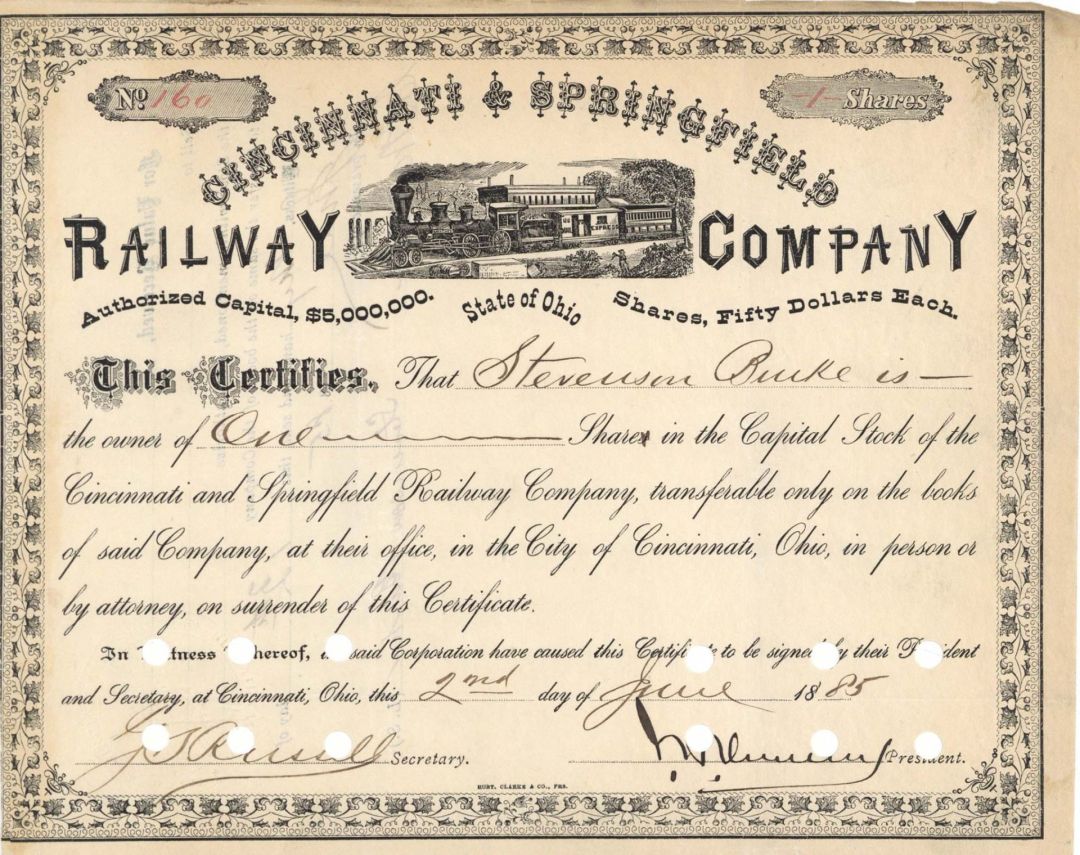 Cincinnati and Springfield Railway Co. signed by J. H. Devereux - 1885 dated Autographed Stock Certificate