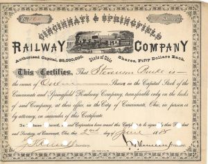 Cincinnati and Springfield Railway Co. signed by J. H. Devereux - 1885 dated Autographed Stock Certificate