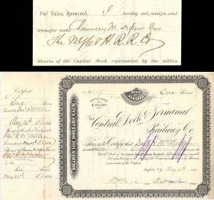 Central Dock and Terminal Railway Co. transferred to Chauncey M. Depew - 1890 dated Stock Certificate