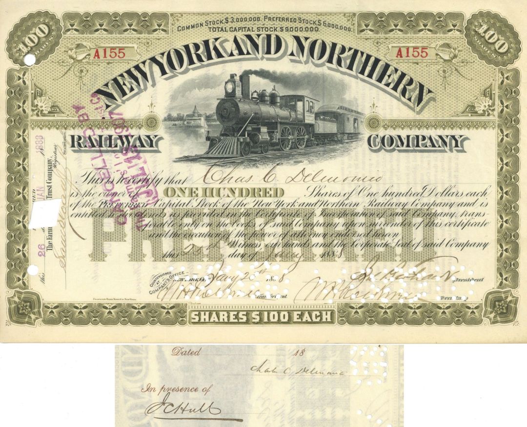 New York and Northern Railway Co. issued to Charles Crist Delmonico - 1888 dated Autograph Stock Certificate