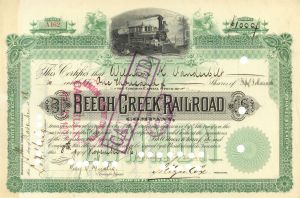 Beech Creek Railroad Co. Issued to William Kissam Vanderbilt - 1880's dated Railway Stock Certificate