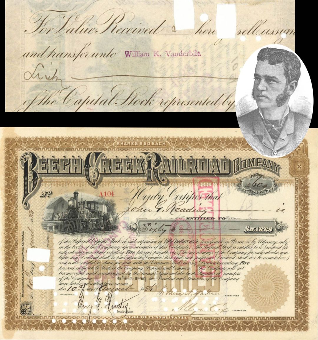 Beech Creek Railroad Co. Transferred to William Kissam Vanderbilt - 1886-1888 dated Railway Stock Certificate