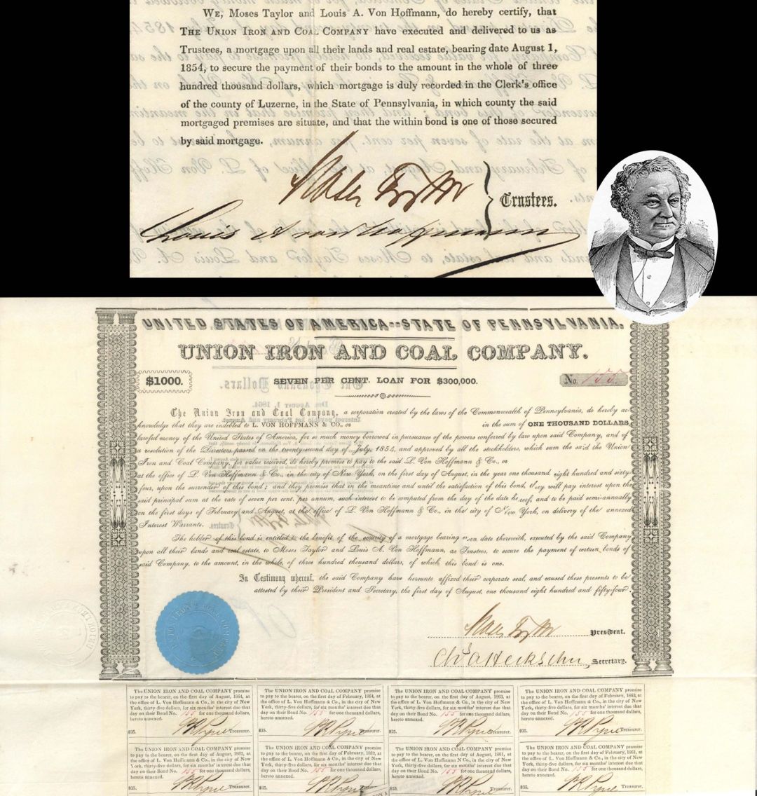Union Iron and Coal Co. signed by Moses Taylor - $1,000 or $500 1854 dated Bond