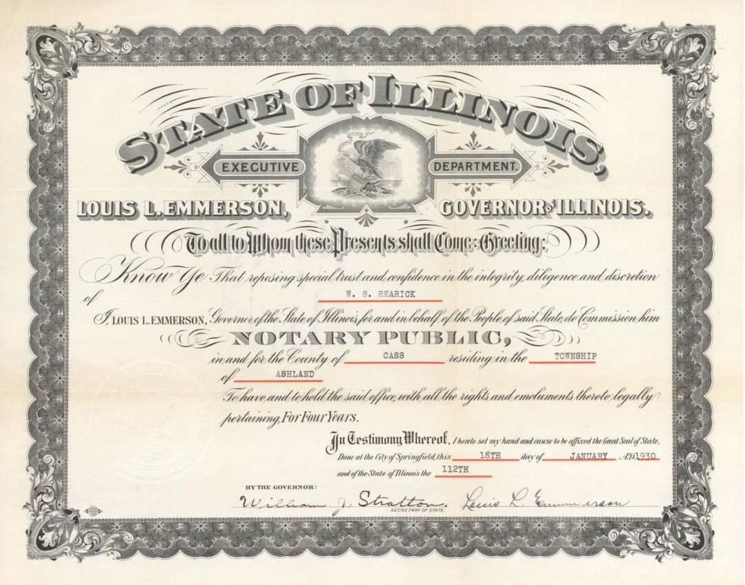State of Illinois Certificate signed by Louis L. Emmerson and William Stratton known as Billy the Kid - 1930 dated Autograph