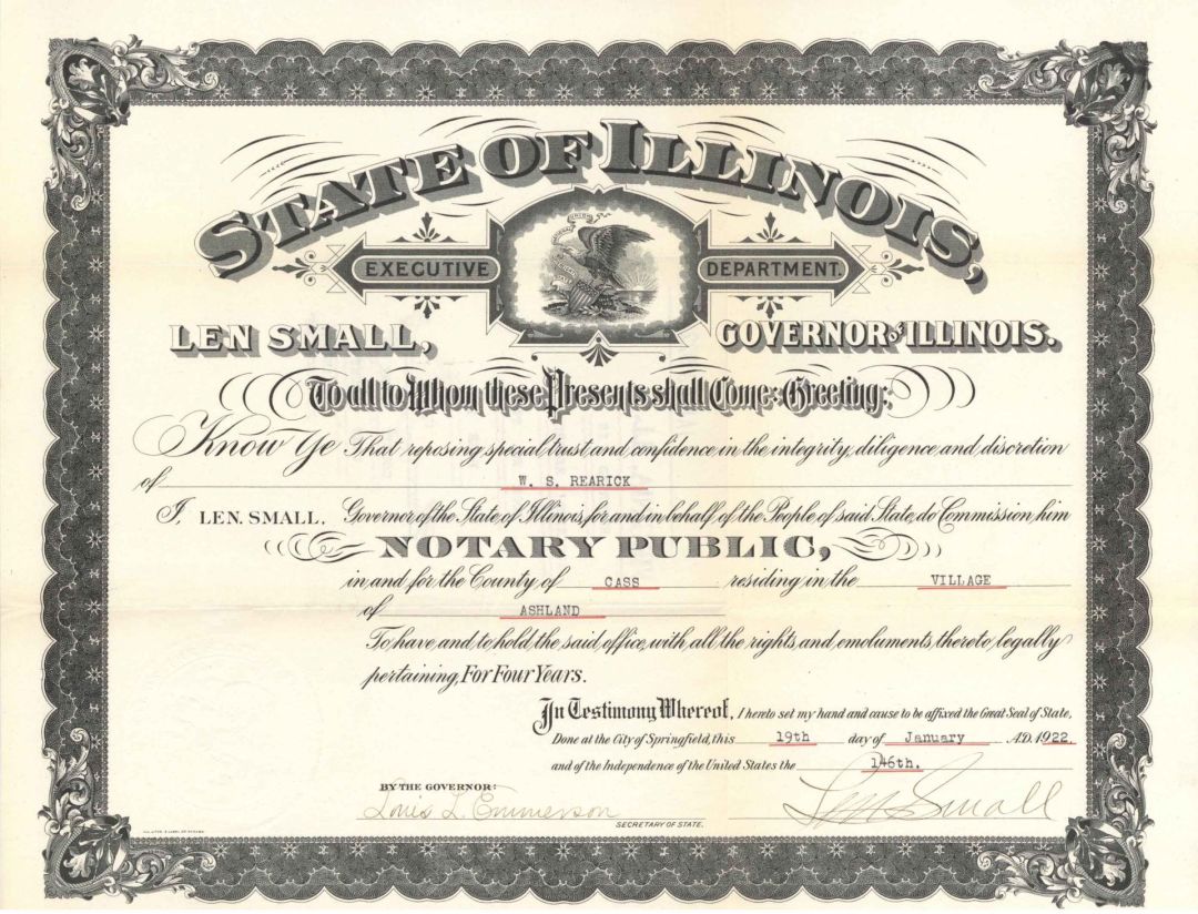 State of Illinois Certificate signed by Louis L. Emmerson and Len Small, Both Illinois Governors - 1922 dated Autographed Certificate
