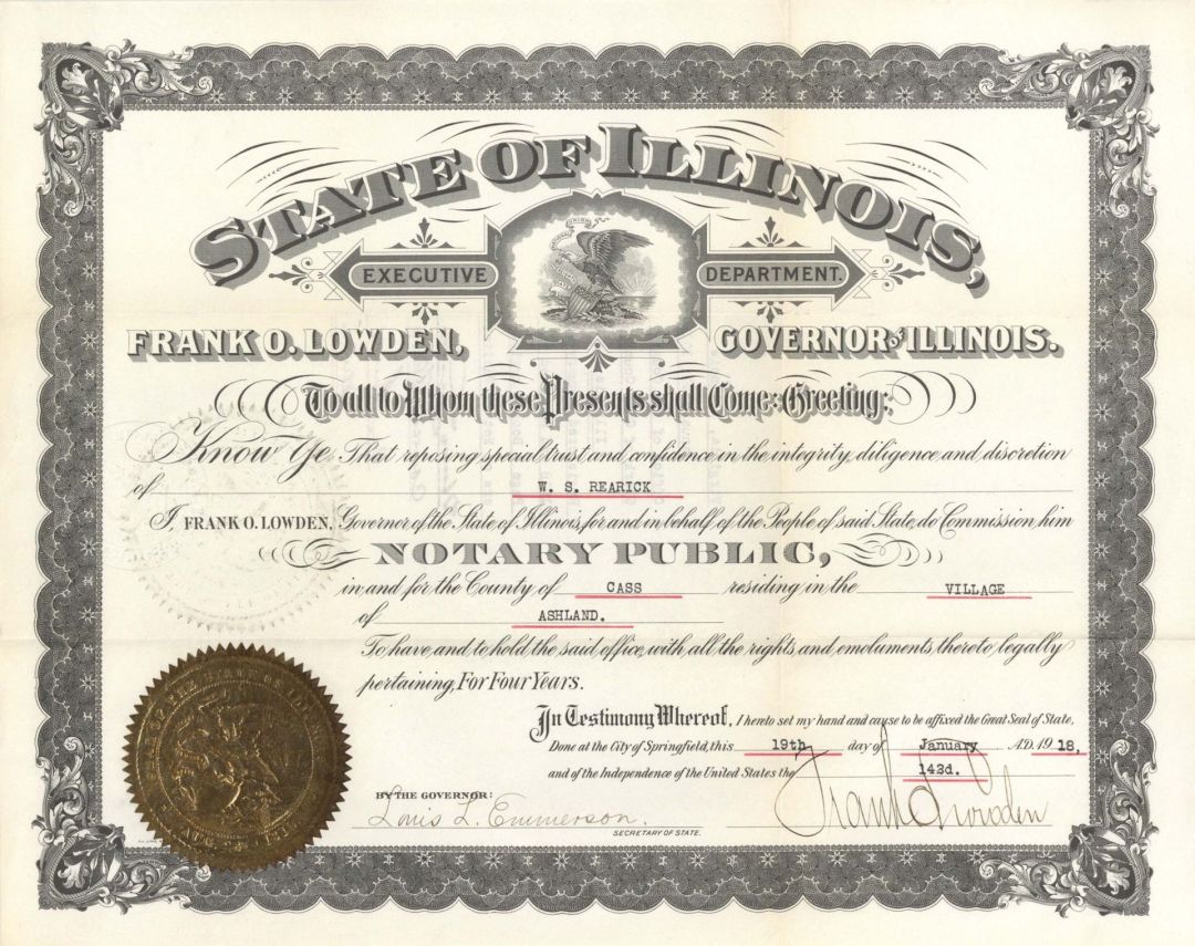 State of Illinois Certificate signed by Louis L. Emmerson, Governor of Illinois - 1918 dated Autograph