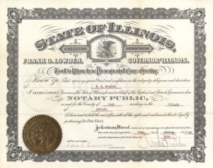 State of Illinois Certificate signed by Louis L. Emmerson, Governor of Illinois - 1918 dated Autograph