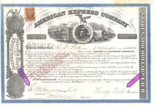 American Express Co. signed by Henry Wells and James C. Fargo - 1866 dated Autographed Stock Certificate (Uncanceled)