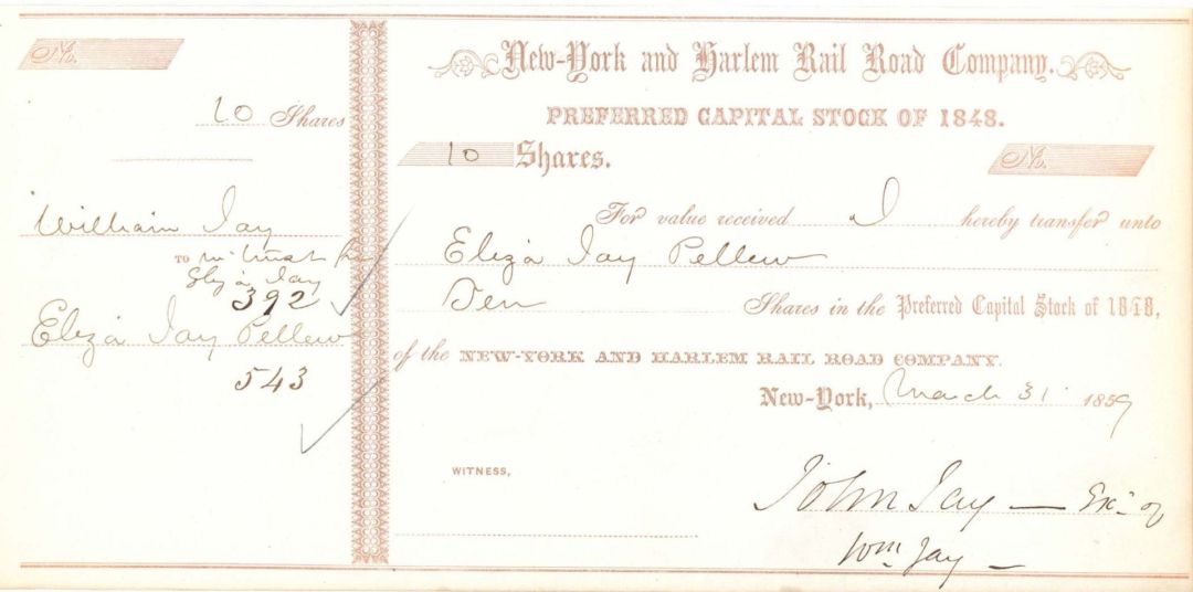 New York and Harlem Rail Road Co. signed by John Jay Jr. - 1859 dated Autographed Railway Stock Certificate