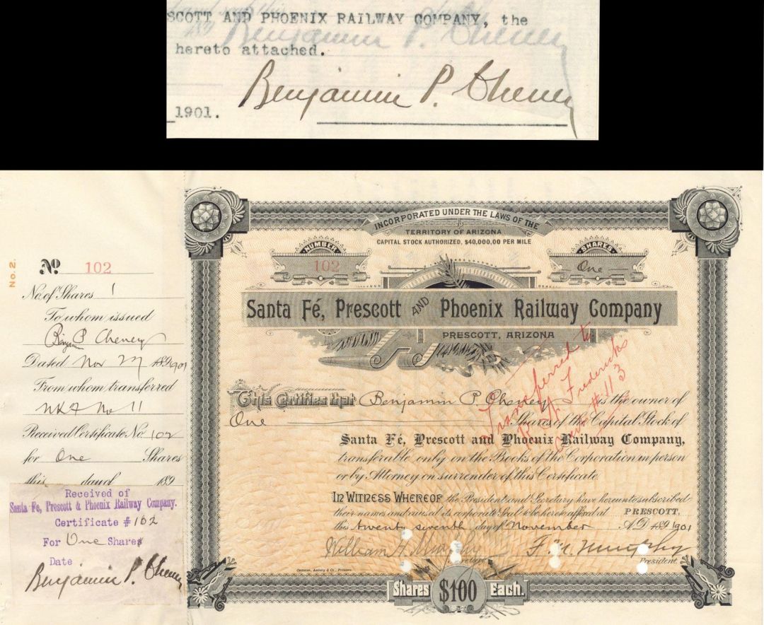 Santa Fe, Prescott and Phoenix Railway Co. signed 3 times by Benjamin P. Cheney Jr. - 1901 dated Autographed Stock Certificate