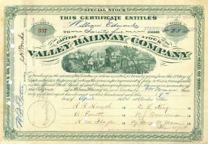 Valley Railway with Henry Flagler Secretarial Signature also Jeptha H Wade Signed - Special Stock Certificate