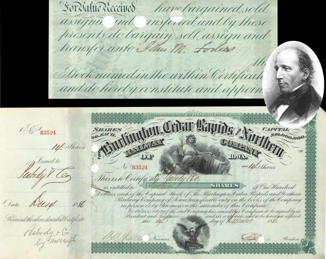 Burlington Cedar Rapids and Northern Railroad Co. Transferred to John M. Forbes - 1886 dated Stock Certificate