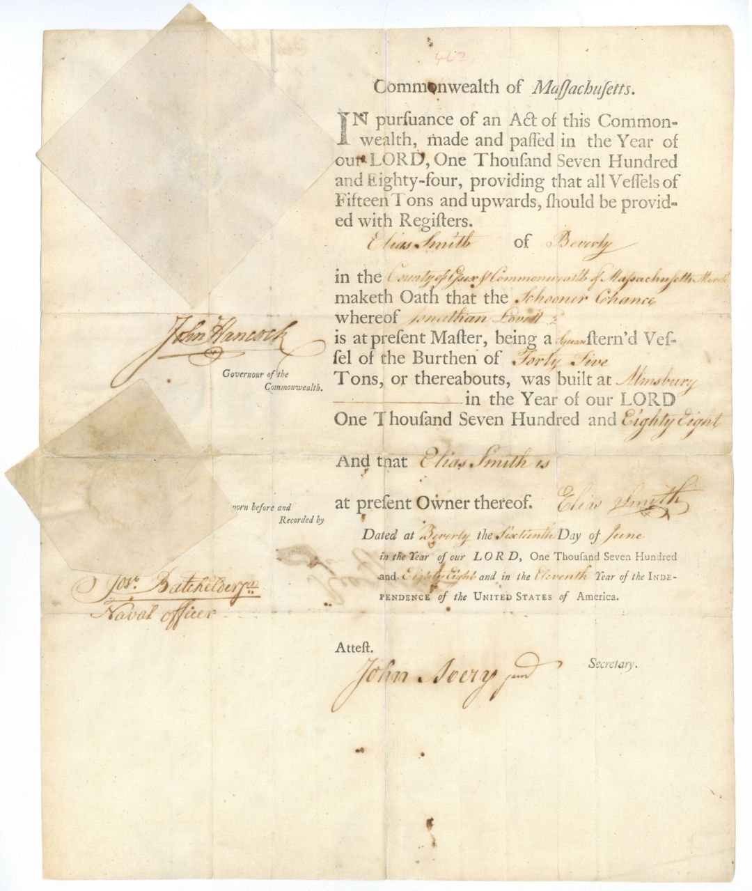 1788 dated John Hancock Signed Appointment for Elias Smith of Beverly, Essex County of Massachusetts