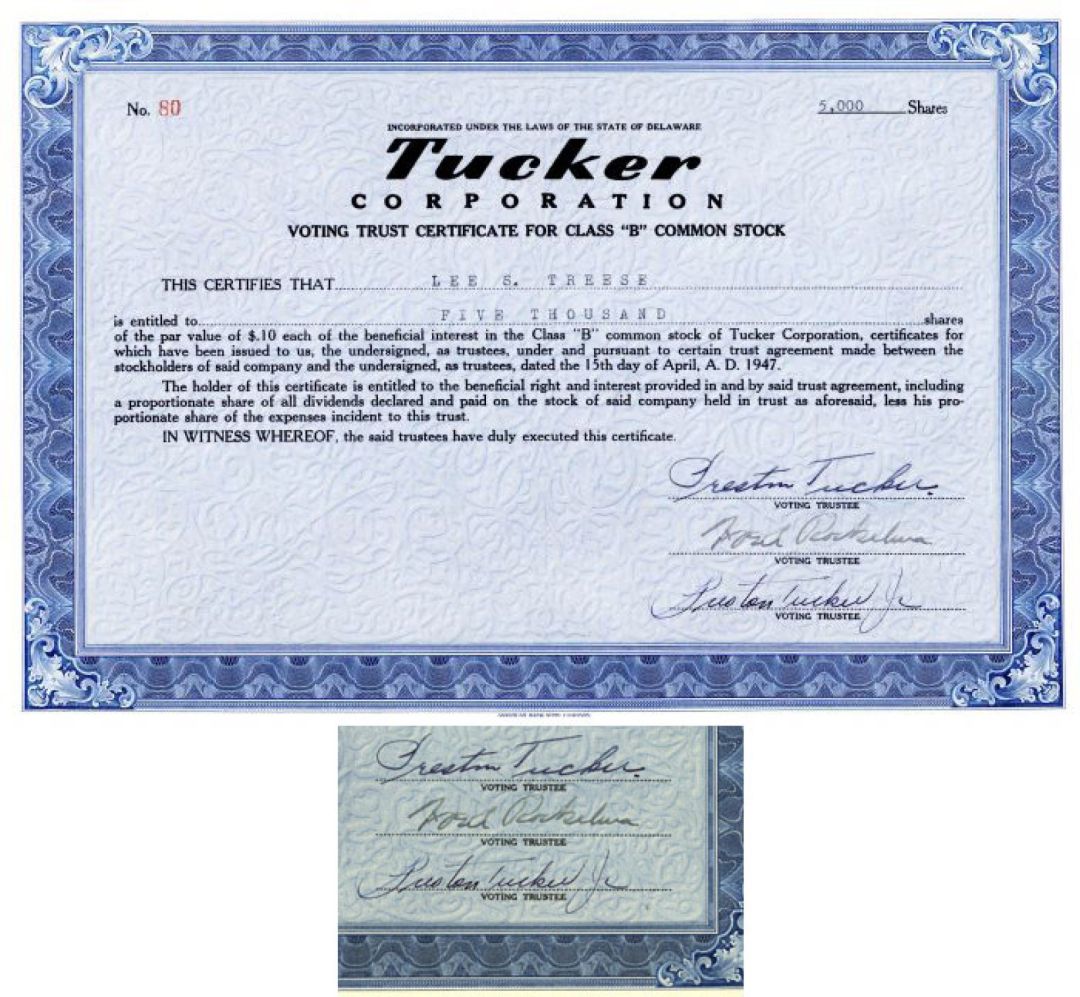 Tucker Corporation signed by Preston Tucker and Preston Tucker Junior - 1947 dated Voting Trust Certificate - Only 8 Discovered