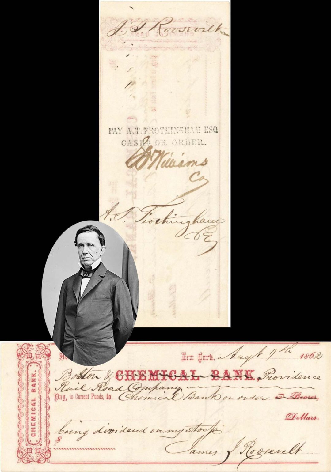 Chemical Bank Check Signed by James J. Roosevelt - Grandfather of Theodore Roosevelt - 1862 dated Autographed Check
