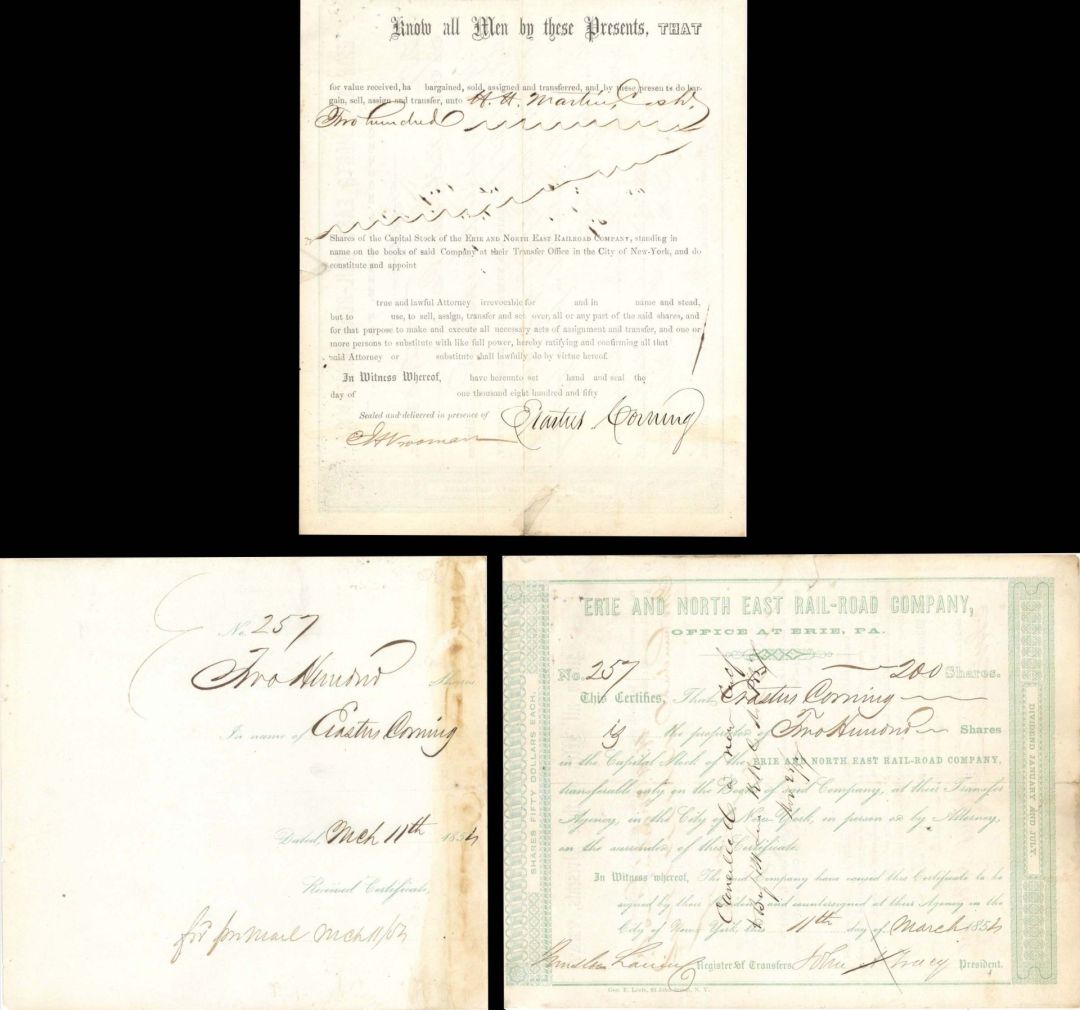 Erie and North East Rail-Road Co. Issued to and signed by Erastus Corning - 1854 dated Autographed Stock Certificate