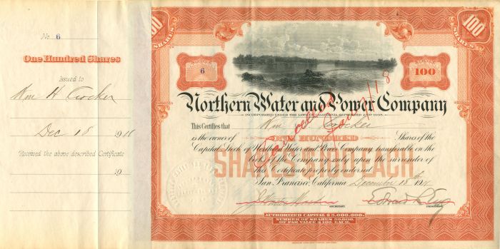 Wm. H. Crocker - Northern Water and Power Co. - Stock Certificate