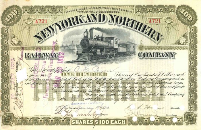 O.H. Payne - New York and Northern Railway Co. - Stock Certificate