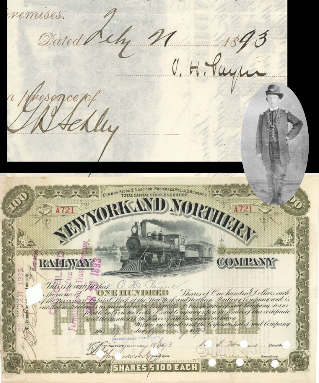 New York and Northern Railway Co. issued to and signed by O.H. Payne - 1893 dated Autographed Stock Certificate