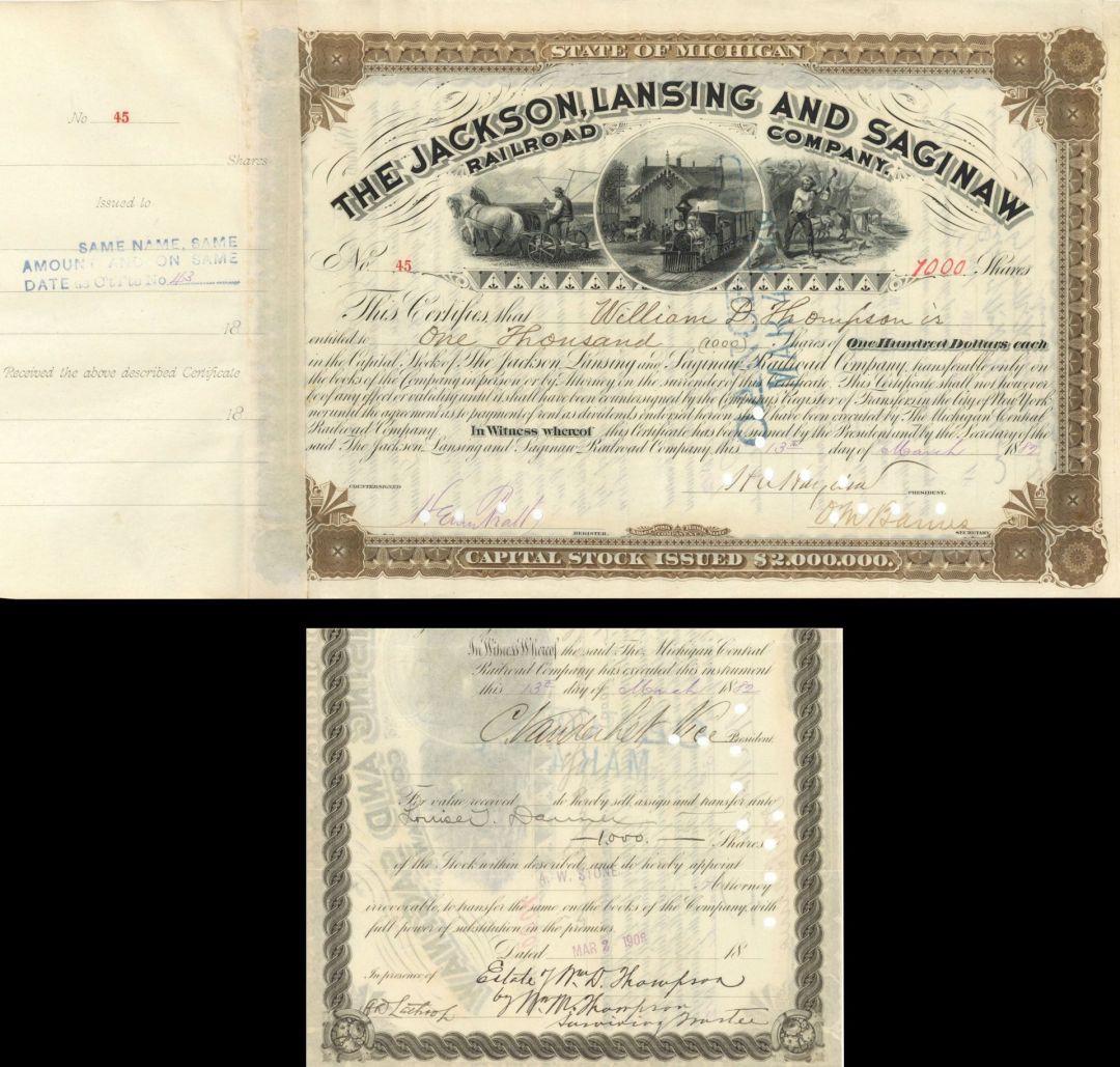 Jackson, Lansing and Saginaw Railroad Co. signed by C. Vanderbilt - Autographed Stock Certificate