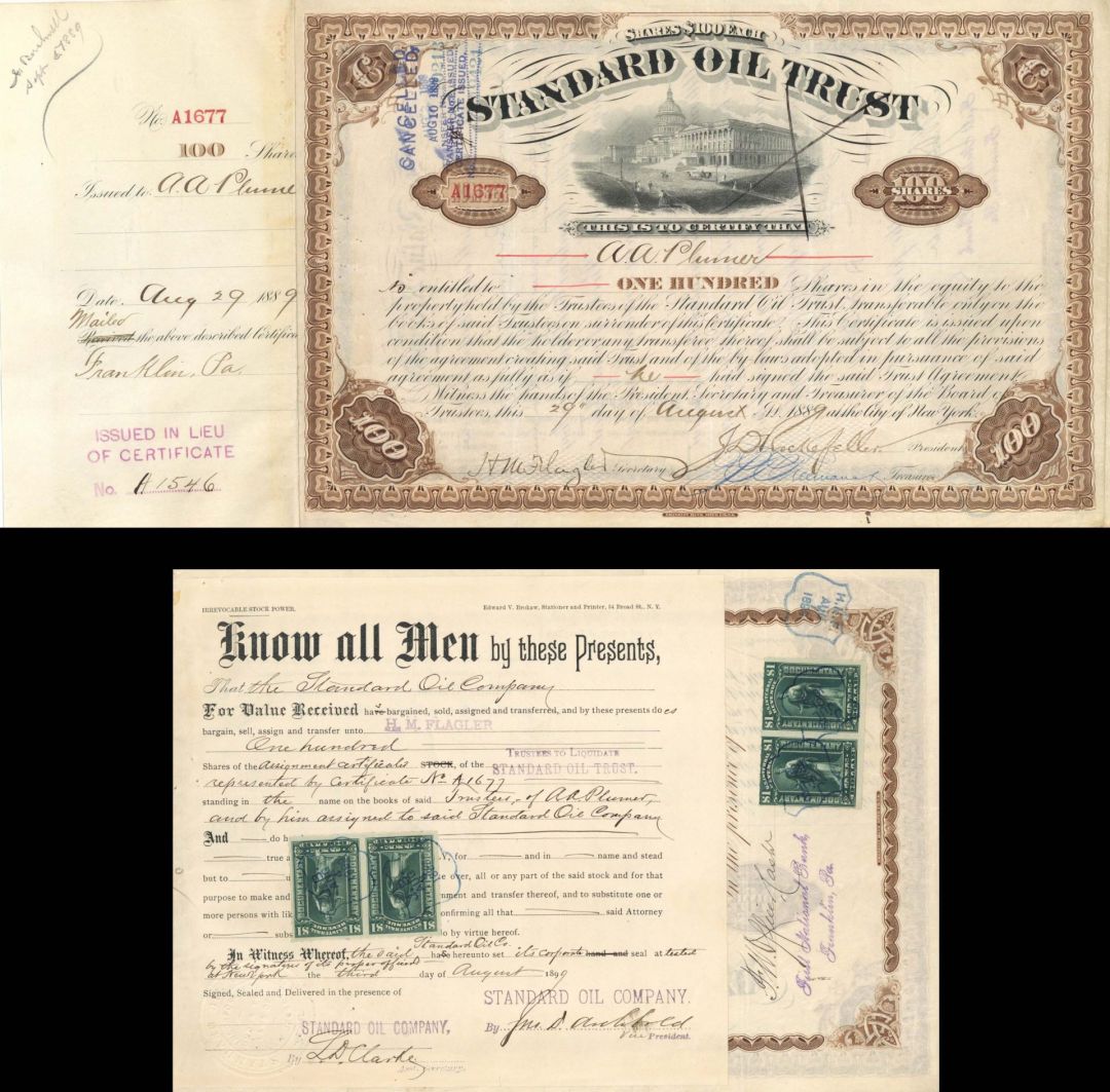 Standard Oil Trust transferred to Standard Oil Company and signed by John D. Archbold, H.M. Flagler and J.D. Rockefeller  - 1889 dated Autographed Stock Certificate