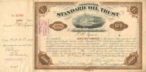 W.H. Beardsley, H.M. Flagler, J.D. Rockefeller signed Standard Oil Trust - Autograph Stock Certificate