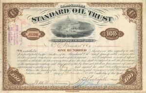 C.W. Harkness transferred Standard Oil Trust Stock Certificate signed by JD Rockefeller & HM Flagler