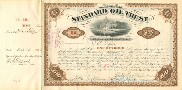 Edward Alfred Tilford - Standard Oil Trust - 1886 dated Autograph Stock Certificate