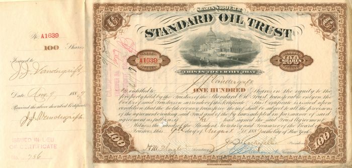 Standard Oil Trust signed by J.J. Vandergrift Twice, JD Rockefeller and HM Flagler - Stock Certificate