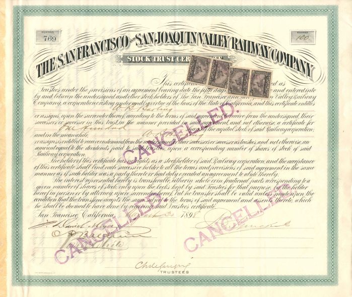 San Francisco and San Joaquin Valley Railway Co. signed by B. Spreckles - Stock Certificate