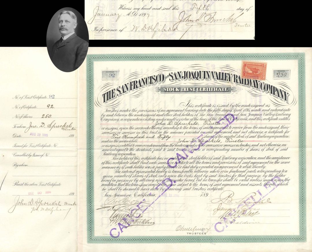 San Francisco and San Joaquin Valley Railway Co. issued to and signed by John D. Spreckles - 1895 dated Autographed Stock Certificate