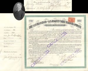 San Francisco and San Joaquin Valley Railway Co. issued to and signed by John D. Spreckles - 1895 dated Autographed Stock Certificate