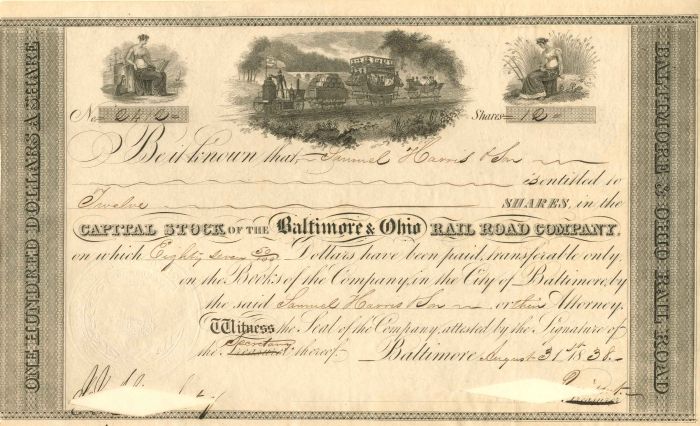 Baltimore and Ohio Rail Road Co issued to Samuel Harris and Sons - Stock Certificate