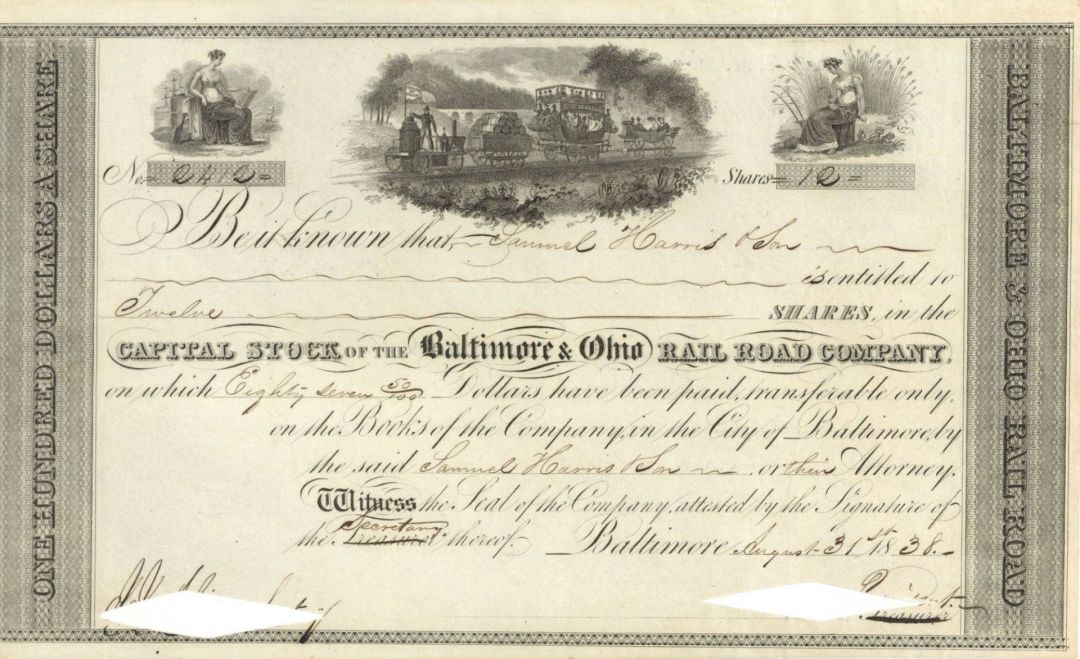 Baltimore and Ohio Rail Road Co. issued to Samuel Harris and Sons - 1838 dated Stock Certificate