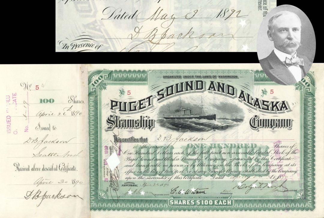 Puget Sound and Alaska Steamship Co. signed by D.B. Jackson and Colgate Hoyt - 1890 dated Autographed Stock Certificate