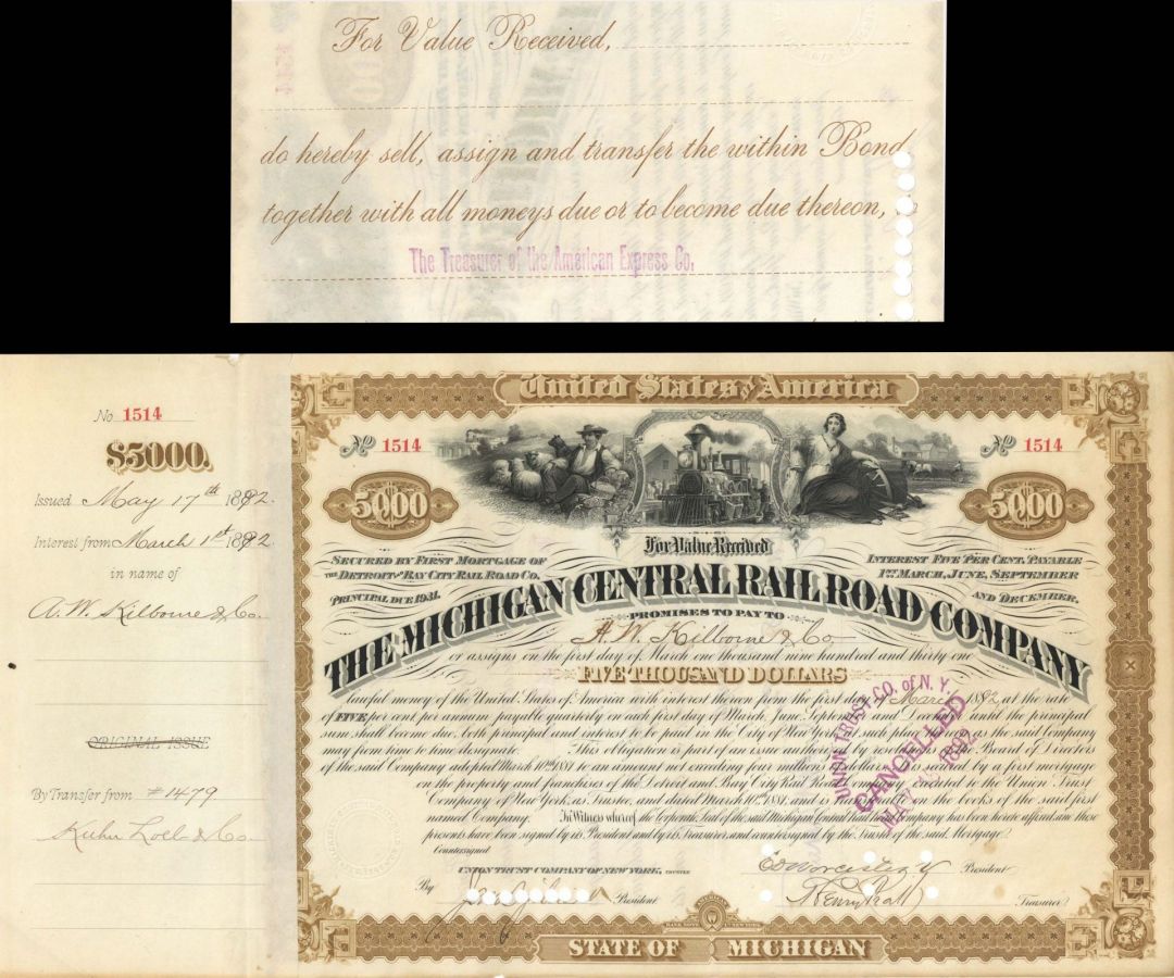 Michigan Central Railroad Co. Transferred to AMEXCO - 1892 dated $5,000 Bond