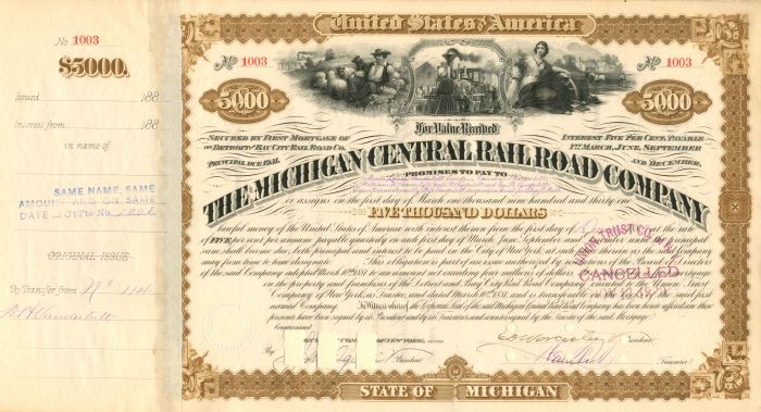 Michigan Central Railroad Co. Issued to the "Will of W.H. Vanderbilt" - $5,000 Bond