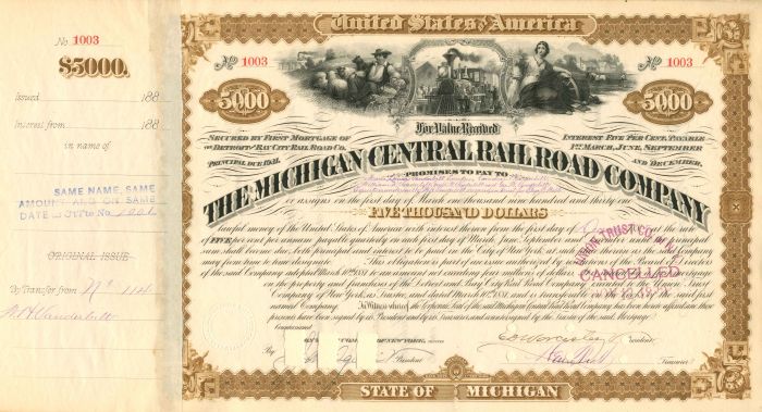 Michigan Central Railroad Co. Issued to the Will of W.H. Vanderbilt - $5,000 Bond