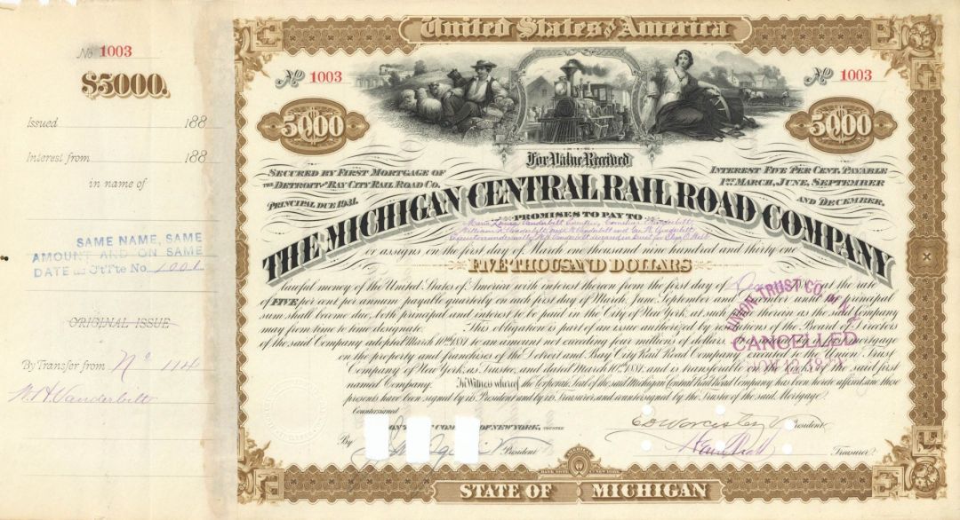 Michigan Central Railroad Co. Issued to the Will of W.H. Vanderbilt - $5,000 Railway Bond dated 1885