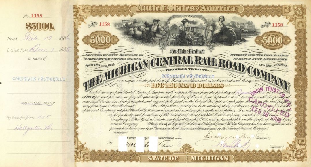 Michigan Central Railroad Co. Issued to Cornelius Vanderbilt - $5,000 Railway Bond