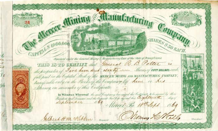 Mercer Mining and Manufacturing Co. Issued to General R. B. Potter - Stock Certificate