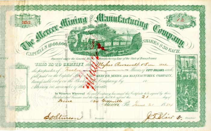 Mercer Mining and Manufacturing Co. Issued to Roosevelt and Son - Stock Certificate